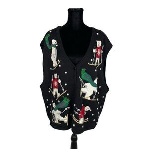 Vintage Oversized Polar Bear Christmas Cotton Ramie Knit Cardigan Sweater Vest -